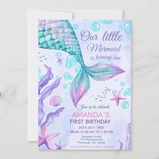 海の下でマーメイドの最初の誕生日マーメイドパーティー 招待状 (正面)
