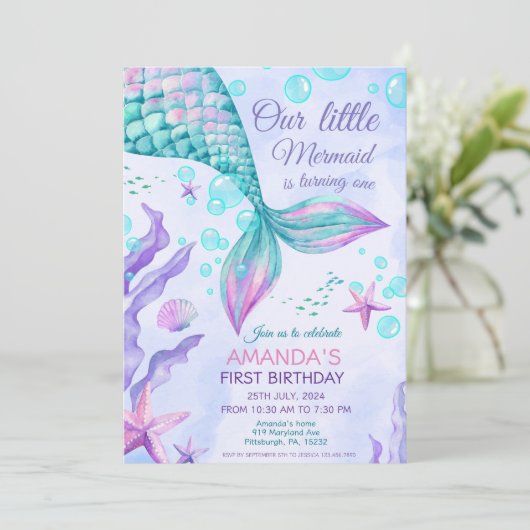 海の下でマーメイドの最初の誕生日マーメイドパーティー 招待状 (スタンド正面)