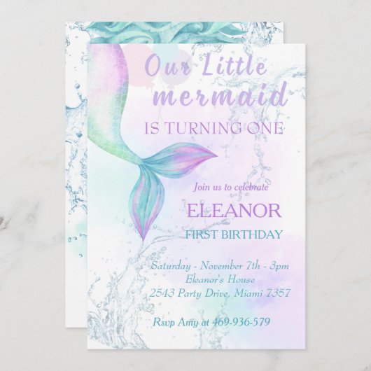 海の下でマーメイドの最初の誕生日マーメイドパーティー 招待状 (正面/裏面)