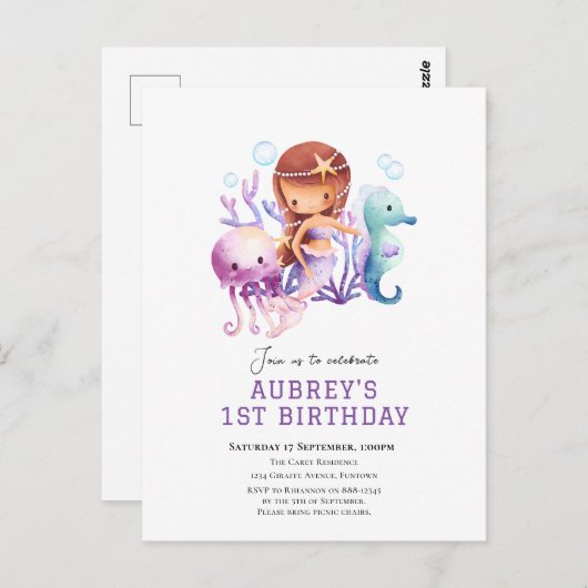 海の下でマーメイドの誕生日の招待 ポストカード (正面/裏面)
