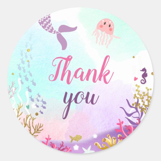 海の下でマーメイドステッカーのカップケーキトップピンク ラウンドシール (正面)