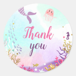 海の下でマーメイドステッカーのカップケーキトップピンク ラウンドシール