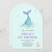 海の下でマーメイドティール（緑がかった色）誕生日の招待 招待状 (正面/裏面)
