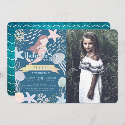 海の下でマーメイド海軍の写真誕生日 招待状 (正面/裏面)