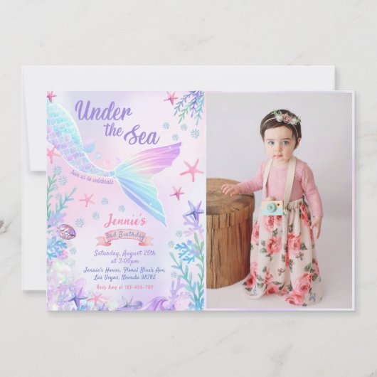 海の下でマーメイド3歳の誕生日パーティー写真 招待状 (正面)