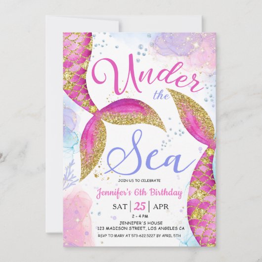 海の下でマーメイド6th誕生日パーティーガール 招待状 (正面)