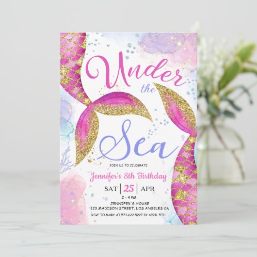 海の下でマーメイド8th誕生日パーティーピンクの女の子 招待状 (スタンド正面)
