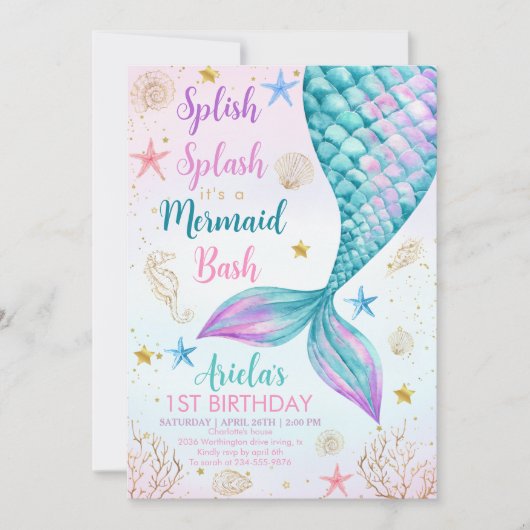 海の下でマーメイドBashの最初の誕生日 招待状 (正面)