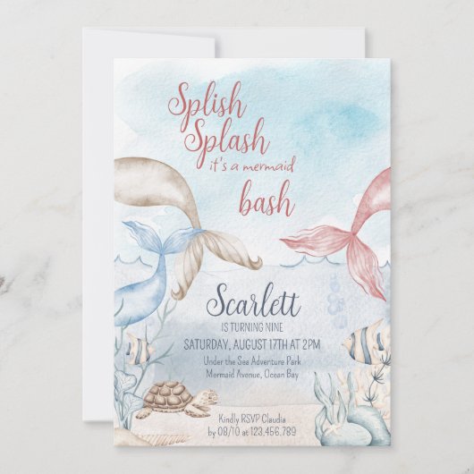 海の下でマーメイドBash水カラー誕生日 招待状 (正面)