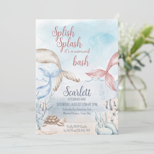 海の下でマーメイドBash水カラー誕生日 招待状 (スタンド正面)