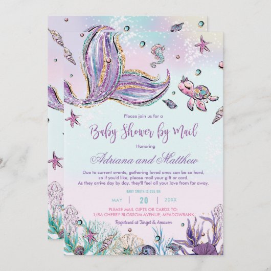 海の下でメールでマーメイド赤ちゃんシャワーベビー 招待状 (正面/裏面)