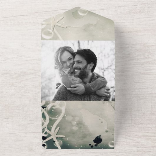 海の下でロマンチックなインクイージグレー結婚ホワイト オールインワン招待状 (外側)