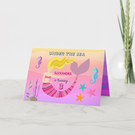 海の下で三歳の誕生日ピンク紫の人魚 招待状 (正面)
