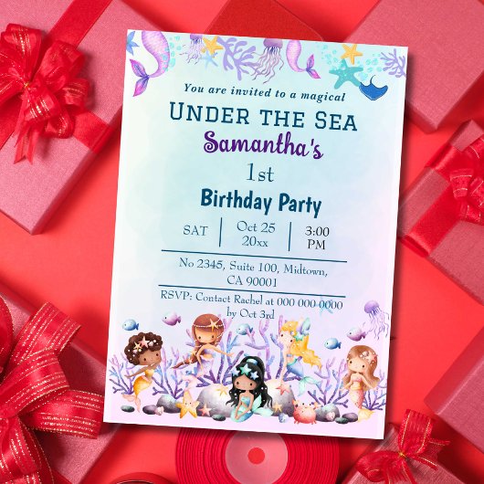 海の下で人魚かわいい子供たち青い第1の誕生日 招待状