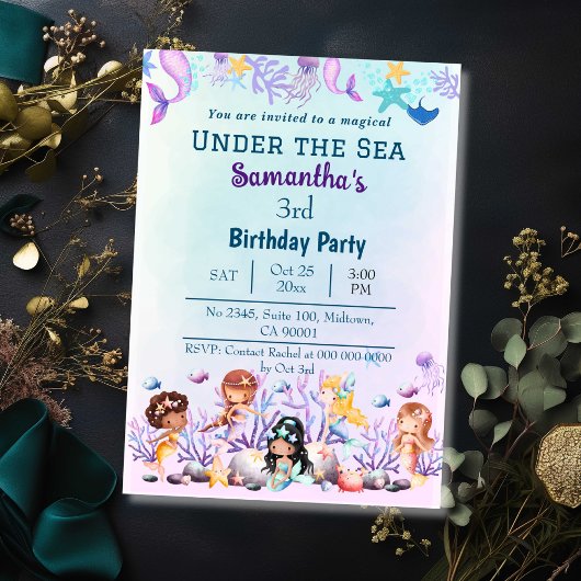 海の下で人魚かわいい子供たち青い3番目の誕生日 招待状