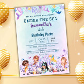 海の下で人魚かわいい子供たち青い4歳の誕生日 招待状