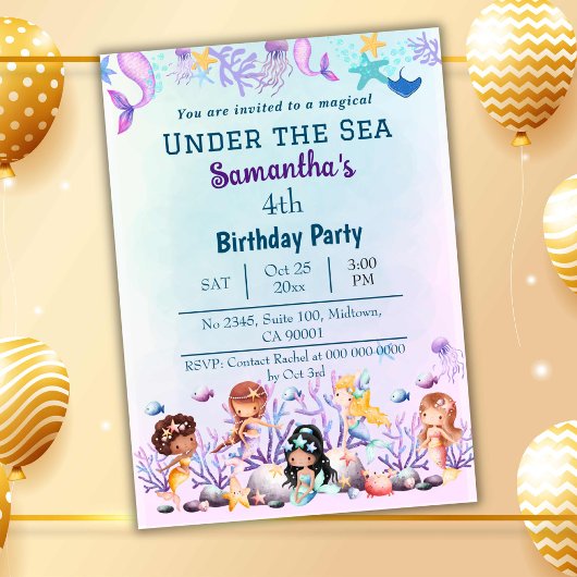 海の下で人魚かわいい子供たち青い4歳の誕生日 招待状