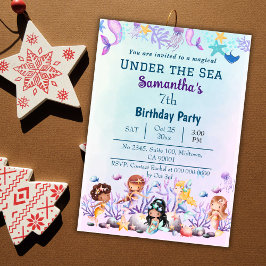 海の下で人魚かわいい子供たち青い7歳の誕生日 招待状