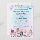 海の下で人魚かわいい子供たち青い7歳の誕生日 招待状 (正面)