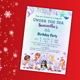 海の下で人魚かわいい子供たち青8歳の誕生日 招待状