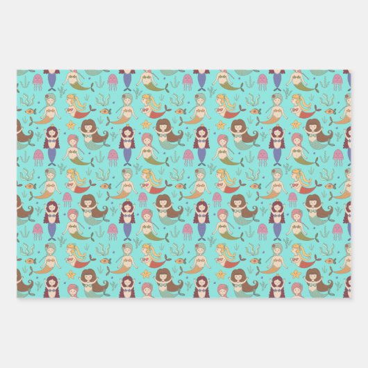 海の下で人魚たちがやることをする幸せな人魚 ラッピングペーパーシート (正面3)