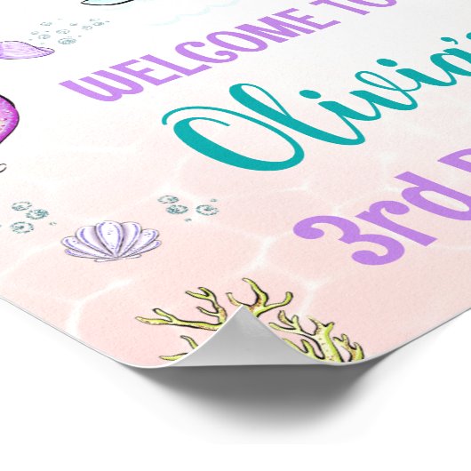 海の下で人魚と亀の歓迎パーティーのサイン ポスター (角)