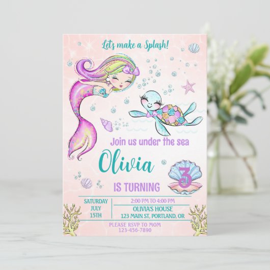 海の下で人魚と亀の誕生日の招待 招待状 (スタンド正面)