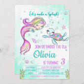 海の下で人魚と亀の誕生日の招待 招待状 (正面/裏面)