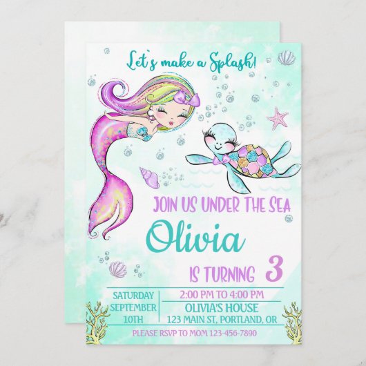 海の下で人魚と亀の誕生日の招待 招待状 (正面/裏面)