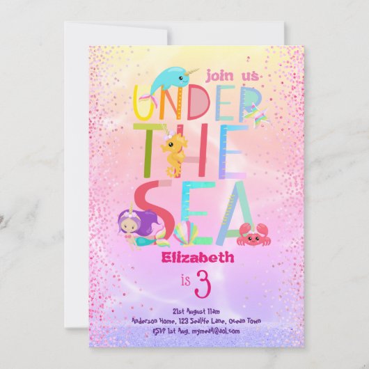 海の下で人魚のユニコーンピンクのグリッター女の子 招待状 (正面)