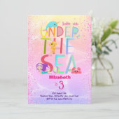海の下で人魚のユニコーンピンクのグリッター女の子 招待状 (スタンド正面)
