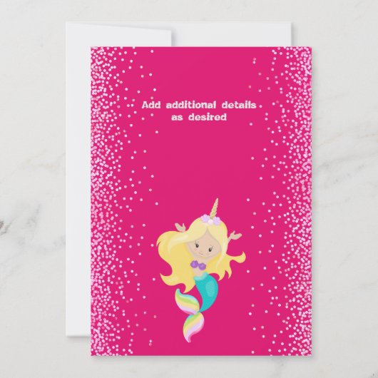 海の下で人魚のユニコーンピンクのグリッター女の子 招待状 (裏面)