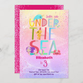 海の下で人魚のユニコーンピンクのグリッター女の子 招待状 (正面/裏面)