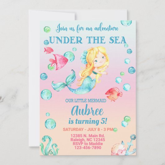 海の下で人魚の女の子の誕生日の招待。 招待状 (正面)
