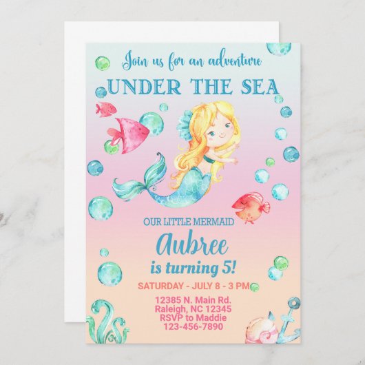 海の下で人魚の女の子の誕生日の招待。 招待状 (正面/裏面)