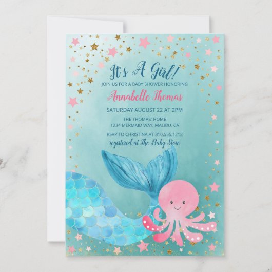 海の下で人魚の女の子の赤ちゃんシャワー 招待状 (正面)