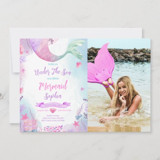海の下で人魚の最初の誕生日の写真 招待状 (正面)