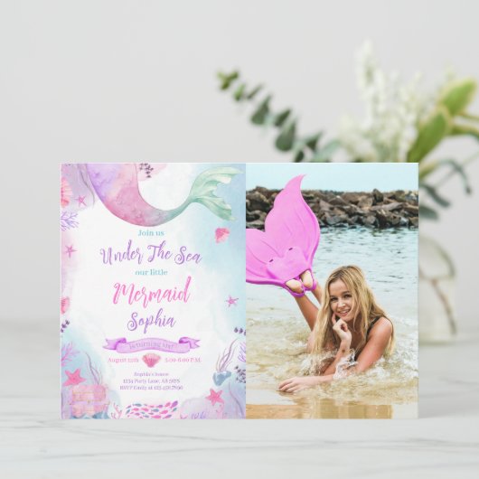海の下で人魚の最初の誕生日の写真 招待状 (スタンド正面)