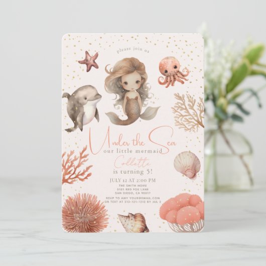 海の下で人魚の海の水の色ピンク誕生日 招待状 (スタンド正面)