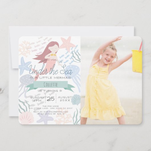 海の下で人魚の海の緑の写真誕生日 招待状 (正面)