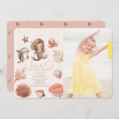 海の下で人魚の海ピンクの誕生日写真 招待状 (正面/裏面)