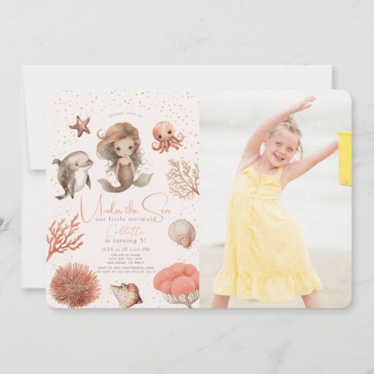 海の下で人魚の海ピンクの誕生日写真 招待状 (正面)