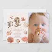 海の下で人魚の海ピンク1st誕生日の写真 招待状 (正面)