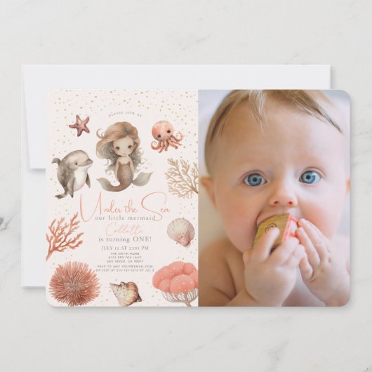 海の下で人魚の海ピンク1st誕生日の写真 招待状 (正面)