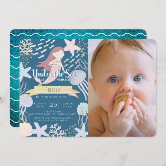 海の下で人魚の海軍の写真の最初の誕生日 招待状 (正面/裏面)