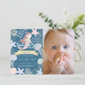 海の下で人魚の海軍の写真の最初の誕生日 招待状 (スタンド正面)