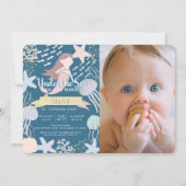 海の下で人魚の海軍の写真の最初の誕生日 招待状 (正面)