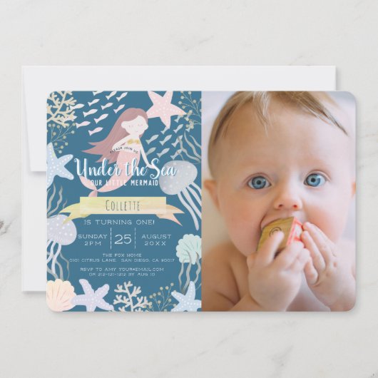 海の下で人魚の海軍の写真の最初の誕生日 招待状 (正面)