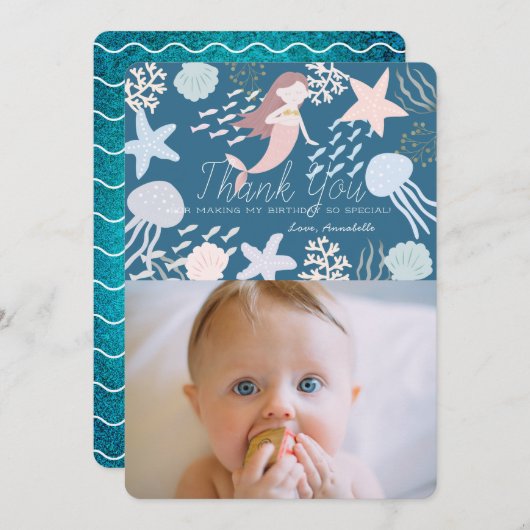 海の下で人魚の海軍の写真サンキューカード 招待状 (正面/裏面)