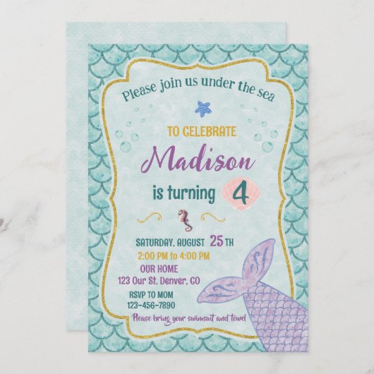 海の下で人魚の誕生日の招待パーティー 招待状 (正面/裏面)